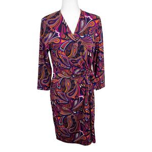 Anne Klein Dress Women 14 Pink African Violet Combo Surplice V-Neck 3/4 Sleeve
